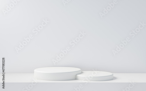 two white cylindrical podiums  minimal product display pedestal  cosmetic or beauty product placement studio platform. stand for cosmetic products. Stage showcase. 3d illustration