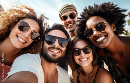 group of friends taking selfie together at camera. Multiracial young people having fun taking selfie with smart mobile phone.