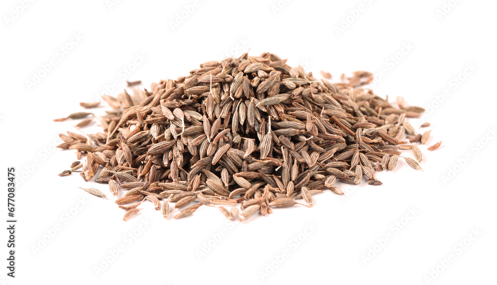Heap of aromatic caraway (Persian cumin) seeds isolated on white Heap of aromatic caraway (Persian cumin) seeds isolated on white