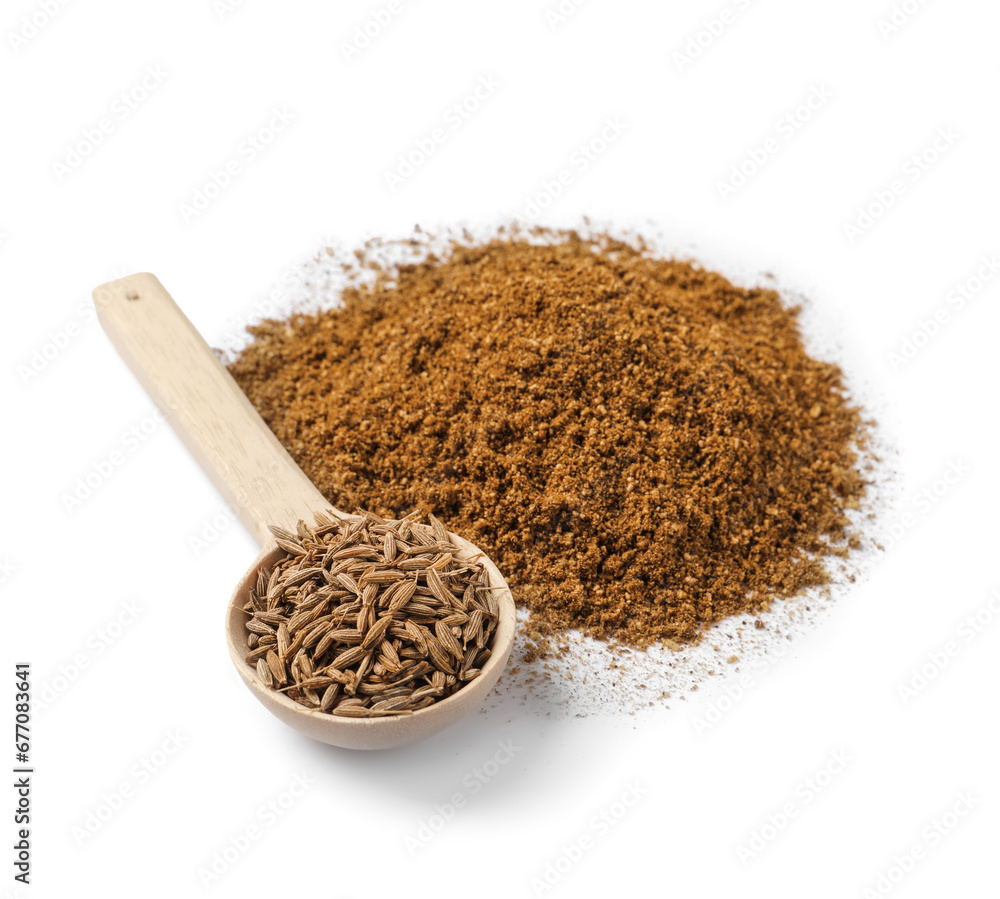 Heap of aromatic caraway (Persian cumin) powder and wooden spoon of seeds isolated on white Heap of aromatic caraway (Persian cumin) powder and wooden spoon of seeds isolated on white