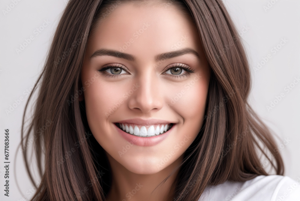 Beautiful woman with long brown hair and white shirt smiling at the camera with white background.Dazzling white healthy teeth. Beautiful woman with long brown hair and white shirt smiling at the camera with white background.Dazzling white healthy teeth.