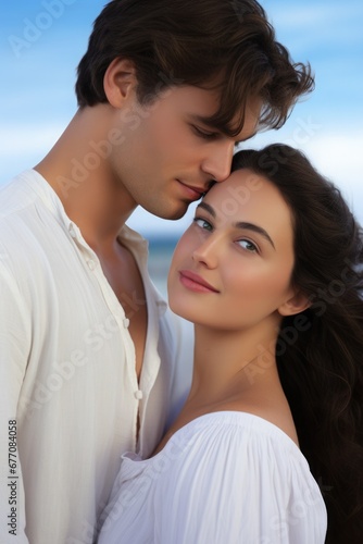 Portrait of attractive man and beautiful woman in white clothes, book fantasy cover, fantasy romance novel