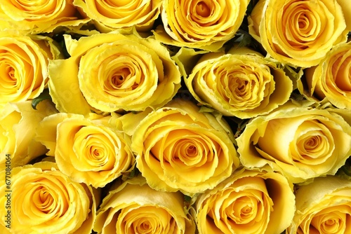 Beautiful bouquet of yellow roses as background  top view