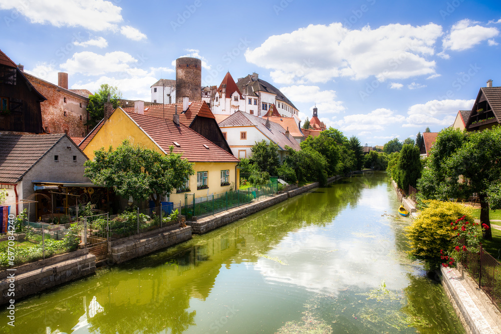 The Nezarka River Floating through Jindrichuv Hradec in the Czech Republic, with the Famous Castle