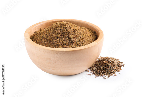 Bowl of aromatic caraway (Persian cumin) powder and dry seeds isolated on white photo