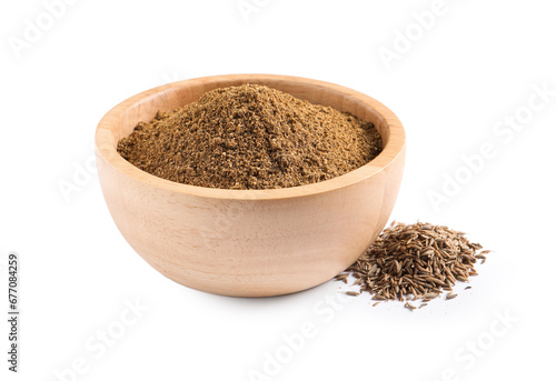 Photography Bowl of aromatic caraway (Persian cumin) powder and dry seeds isolated on white