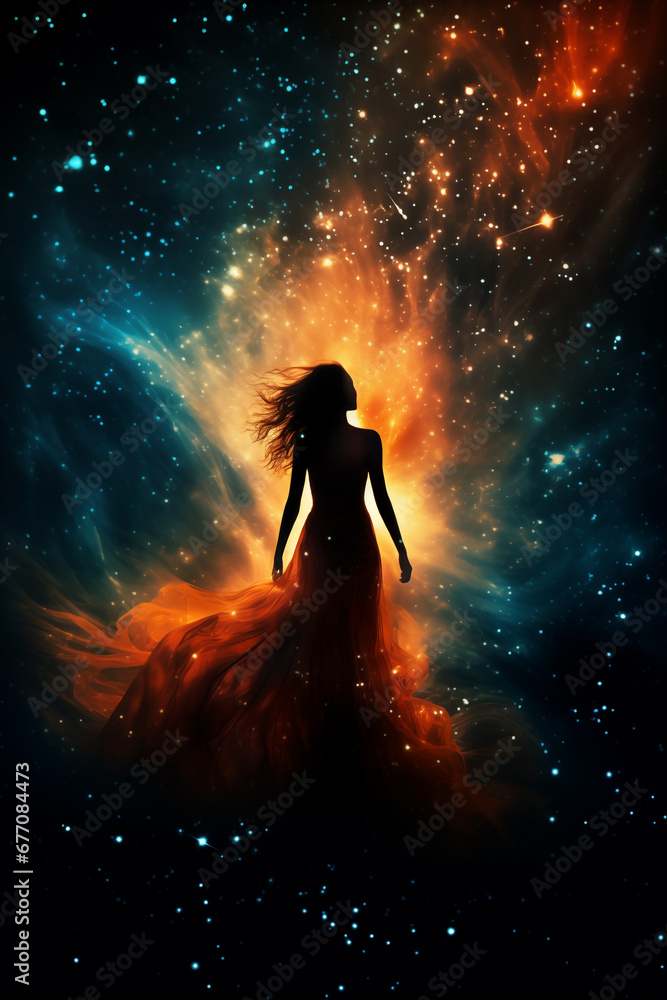 silhouette of a woman against the background of a nebula in space ...