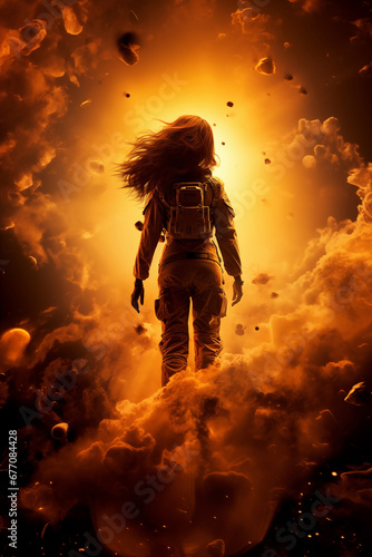 levitation of a woman in outer space, in the rays of light effects, abstract golden smoke background