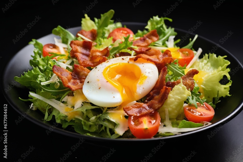 fried eggs with bacon and herbs and chopped vegetables, delicious breakfast, still life on a dark background fried eggs with bacon and herbs and chopped vegetables, delicious breakfast, still life on a dark background