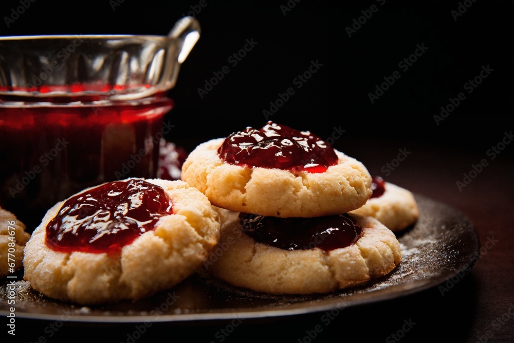 still life of cookies with jam on a wooden table, dark background, delicious pastries