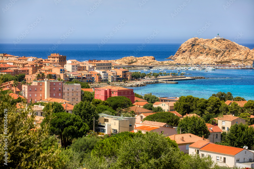 View of the City of L'Ile Rousse on Corsica, France, with the Island Ile de la Pietra