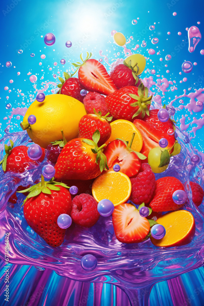fruits with water splashes, on color background, fresh and healthy food fruits with water splashes, on color background, fresh and healthy food