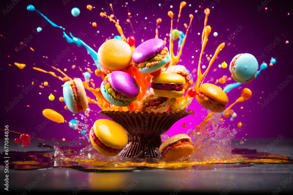 Naklejka premium marshmallows and cookies with splashes of sauce or cream on a colored background, delicious and sweet food