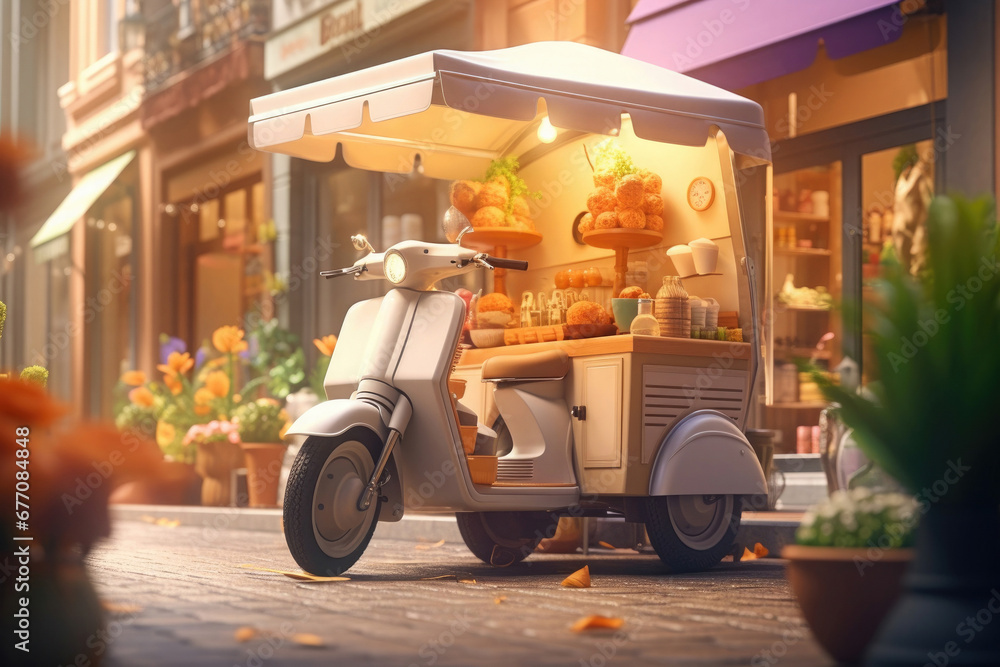 food delivery on a scooter, fast food in a mobile cafe on wheels.Generative AI