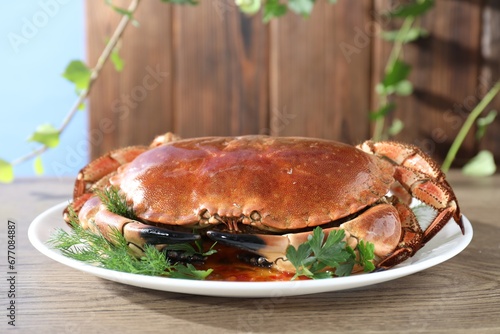 Delicious crab with greens on wooden table, closeup