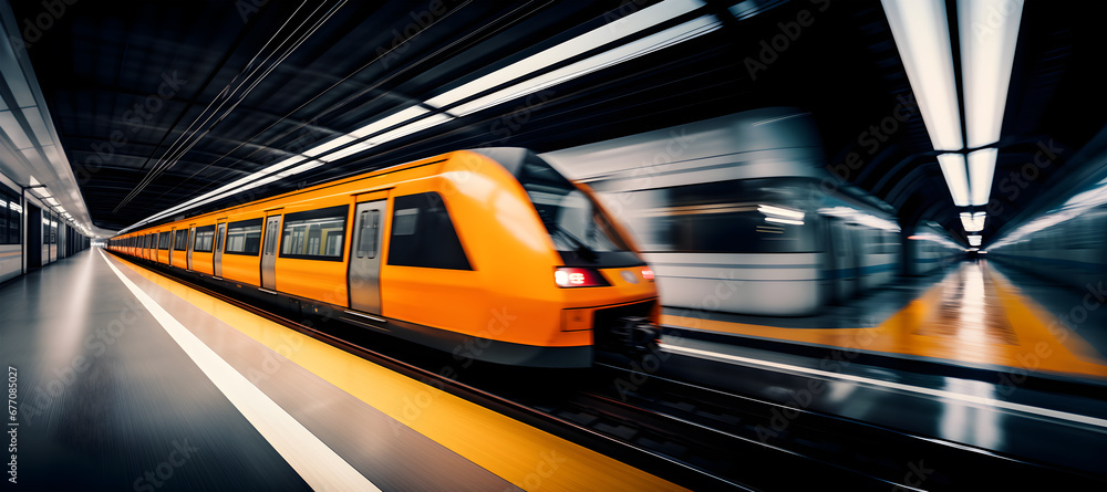 High speed train in motion on the railway station at sunset. Fast moving modern passenger train on railway platform. Railroad with motion blur effect. Commercial transportation.Blurred background.