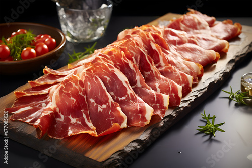 Delicious jamon on a wooden plate. photo