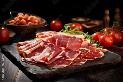 Delicious jamon on a wooden plate.