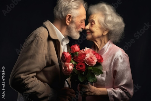 Grandfather wants to kiss grandmother, holding a bouquet of roses, on a dark background.Generative AI © yanapopovaiv