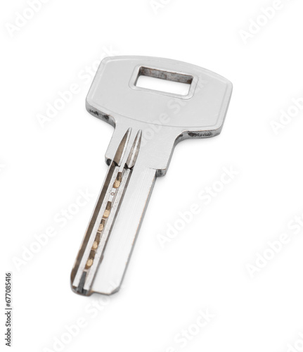 One metal door key isolated on white