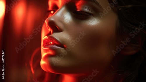Close-up photo of a woman's face receiving red light therapy, highlighting the glow on her skin, with a look of relaxation