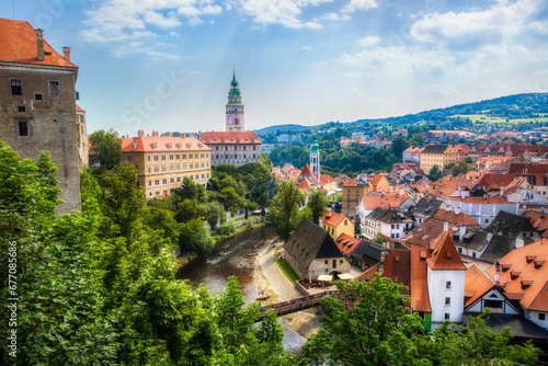 Beautiful Cesky Krumlov in the Czech Republic, with the Vltava River and the Castle Dominating the City photo