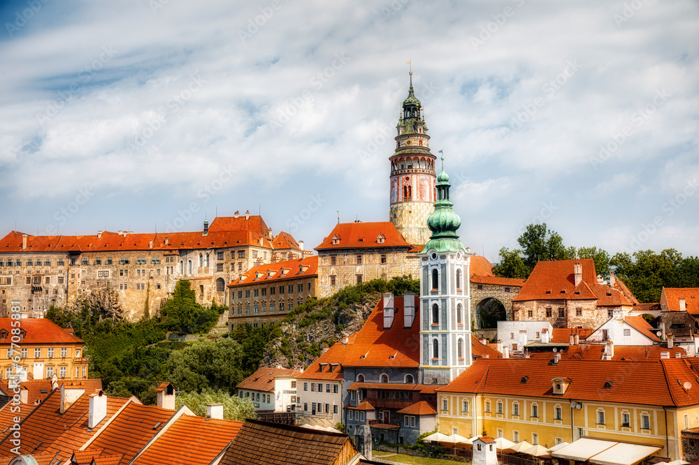 Beautiful Cesky Krumlov in the Czech Republic, with the Tower of St Jost Church and the Castle Dominating the City