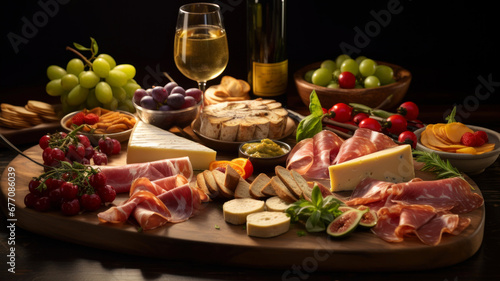 Cheese platter with prosciutto, salami, olives, crackers and wine