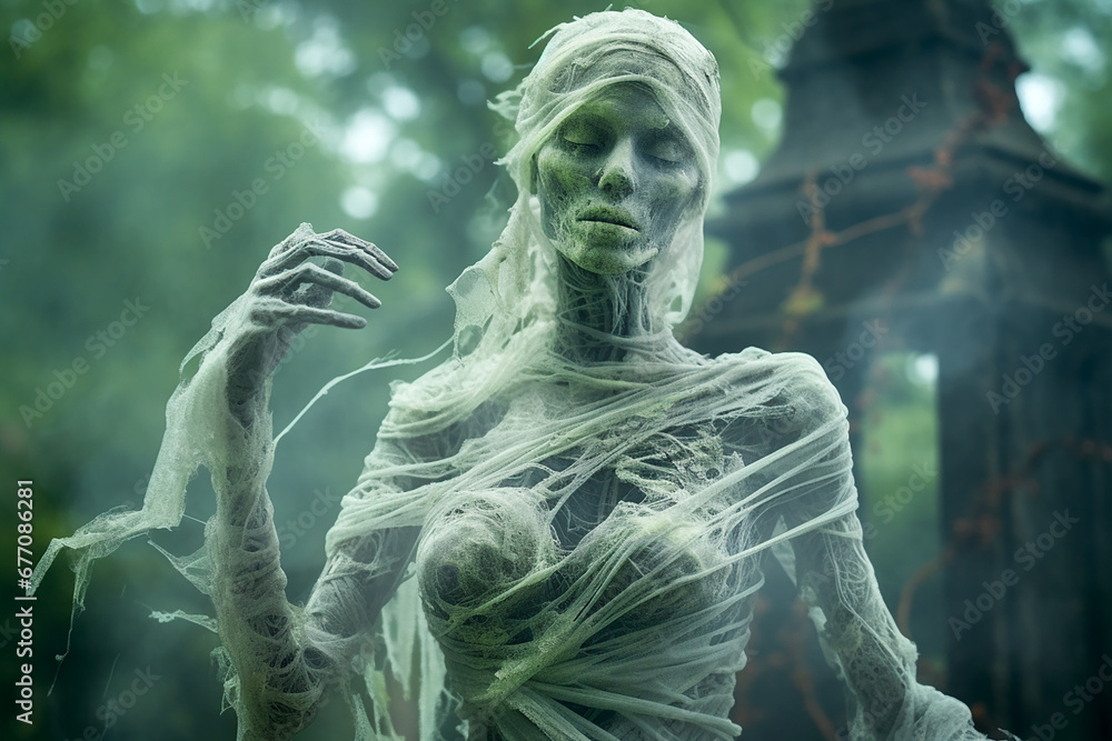 Figure of a female zombie ghost in the forest.