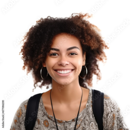cheerful happy young curly brazilian woman smiling