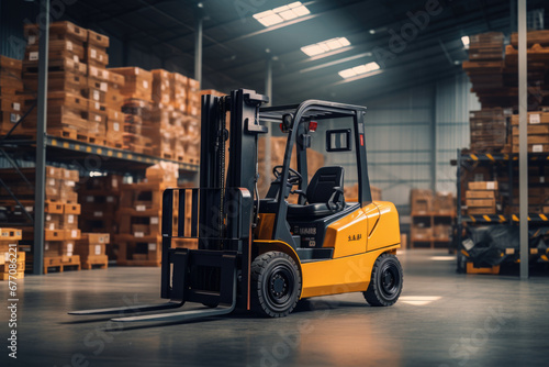 Forklift in modern automatic warehouse. Boxes are on the shelves of the warehouse. Warehousing, machinery concept. Logistics in stock. © Ruslan Gilmanshin