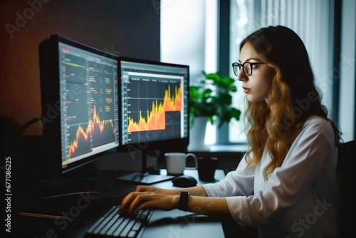 Young beautiful female analyst working on a computer at home.