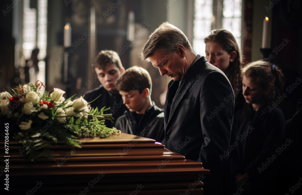 Photo & Art Print Death, funeral and family touching coffin in a church