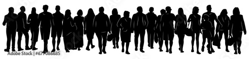 Crowd of people walking on a street. Vector silhouette, banner.