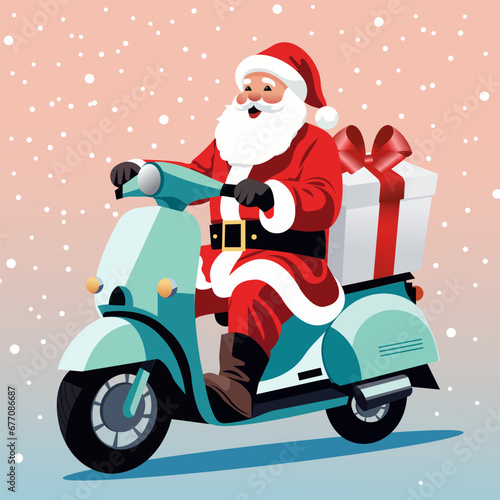 Vector flat cartoon illustration of a cheerful Santa Claus on a moped delivering gifts.
