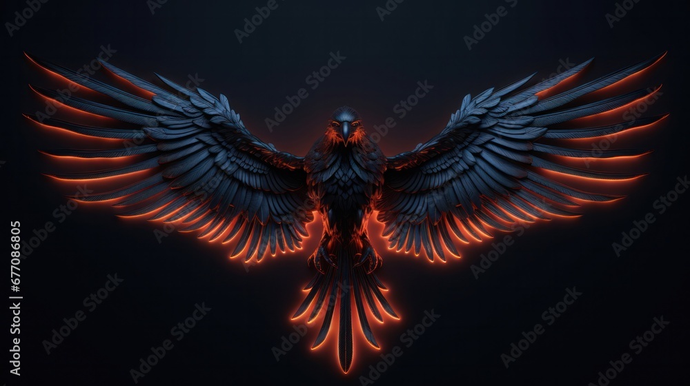 3D Render of a Flying Black Crow with Neon Glow, Depicting Angelic and Devilish Themes 3D Render of a Flying Black Crow with Neon Glow, Depicting Angelic and Devilish Themes