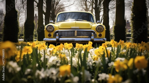Abandoned Car Decorated with Yellow Blossoms in Keukenhof Gardens.