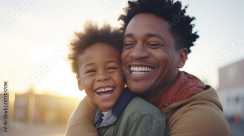 Autism in the African American community, African American dad embracing his son with a smile.