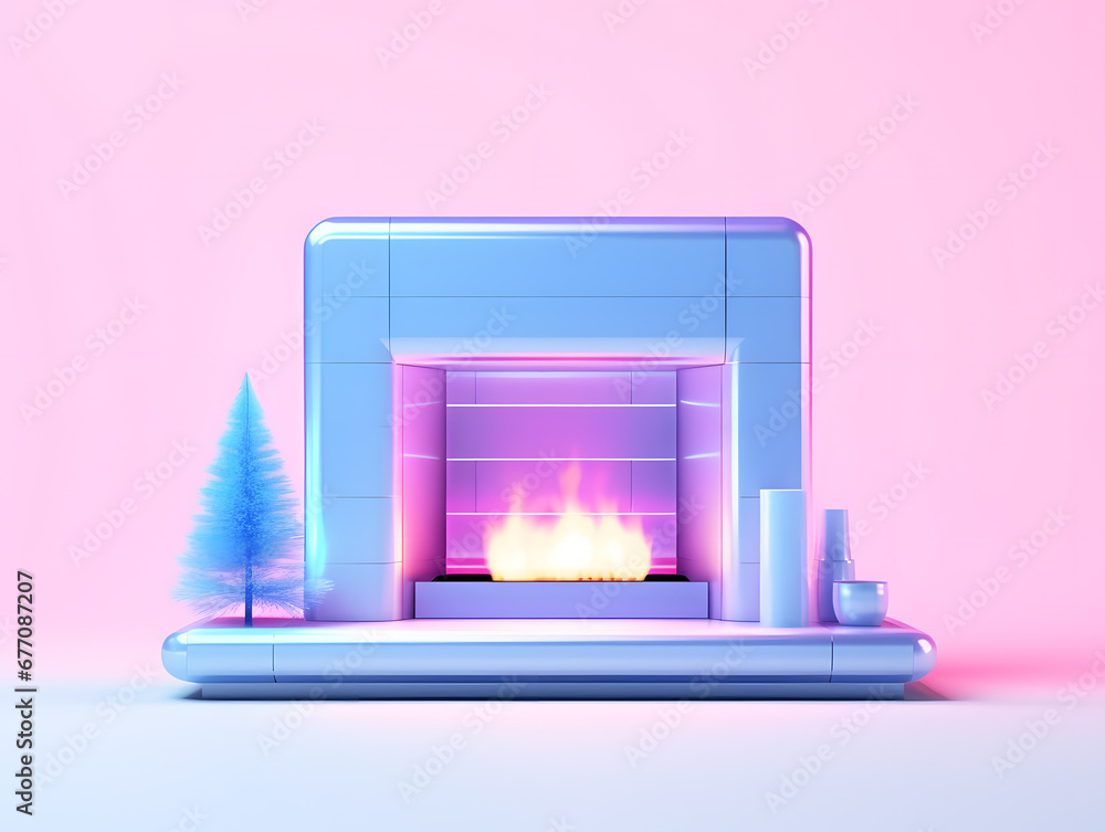 3d illustration of a burning Christmas glass crystal fireplace with pink and blue neon lights 3d illustration of a burning Christmas glass crystal fireplace with pink and blue neon lights