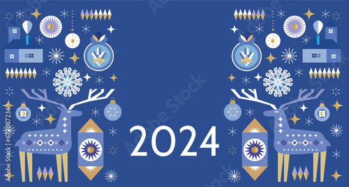 Merry Christmas and Happy New Year 2024  holiday template design banner, poster, card, cover  Gifts, Santa, ball toy, christmas tree, snowflake   Modern Xmas flat cartoon cute vector illustration