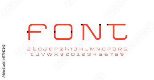 Technical wide thin future font, digital cyber alphabet, trendy letters from A to Z and numbers from 0 to 9 for interface design, vector illustration 10EPS