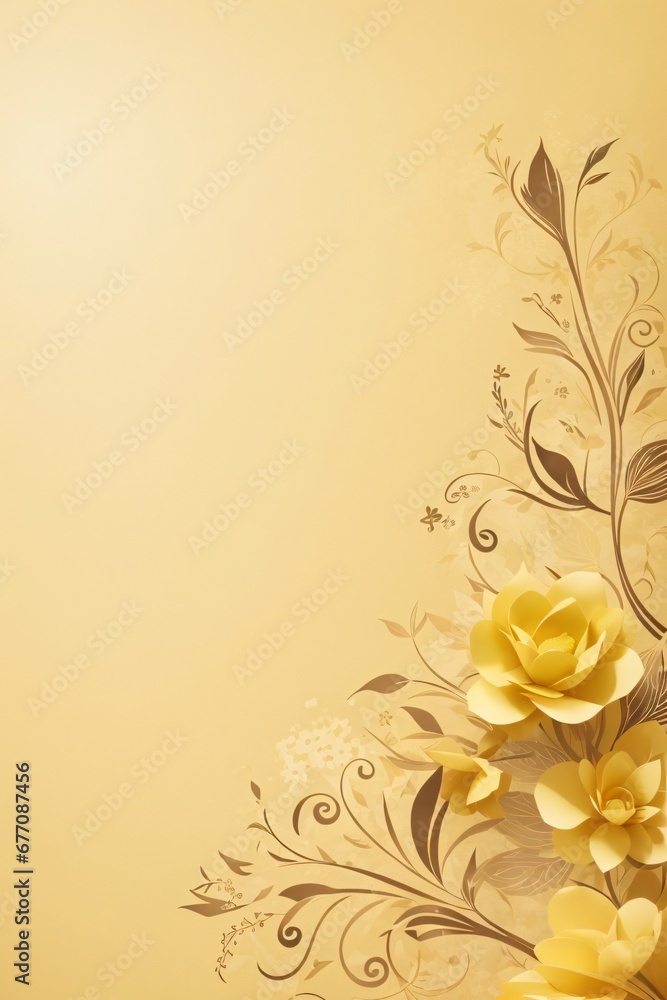 Design elements on a basic yellow paper texture background. Background for party, birthday, wedding or graduation invitation card in yellow color with floral elements in soft art style. Generative Ai.