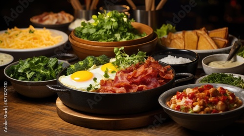 National Egg Month: A brunch scene with various egg dishes, such as omelets, benedicts, and scrambles, on a buffet table.