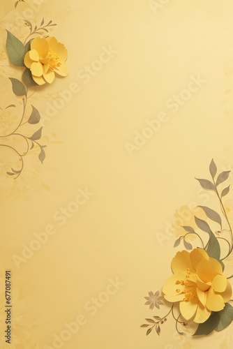 Design elements on a basic yellow paper texture background. Background for party  birthday  wedding or graduation invitation card in yellow color with floral elements in soft art style. Generative Ai.