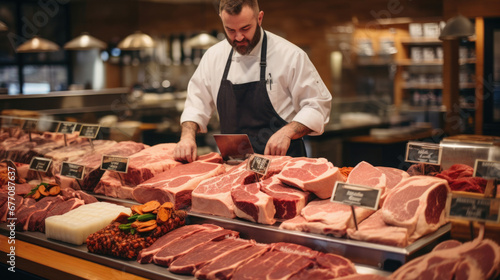 National Meat Month: A butcher's counter showcasing an array of meats, with a butcher wrapping a cut for a customer.