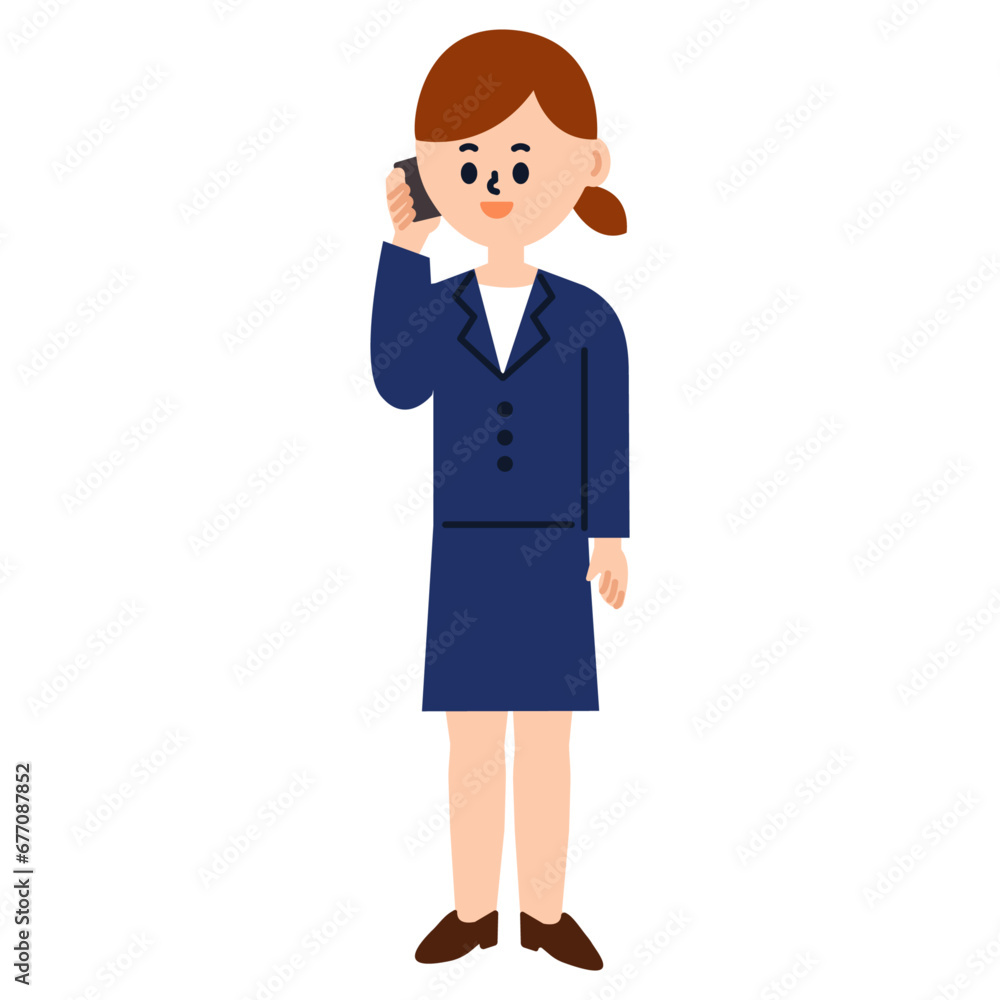 ビジネスパーソン　スマートフォンで通話　仕事　女性　スーツ　全身　イラスト	