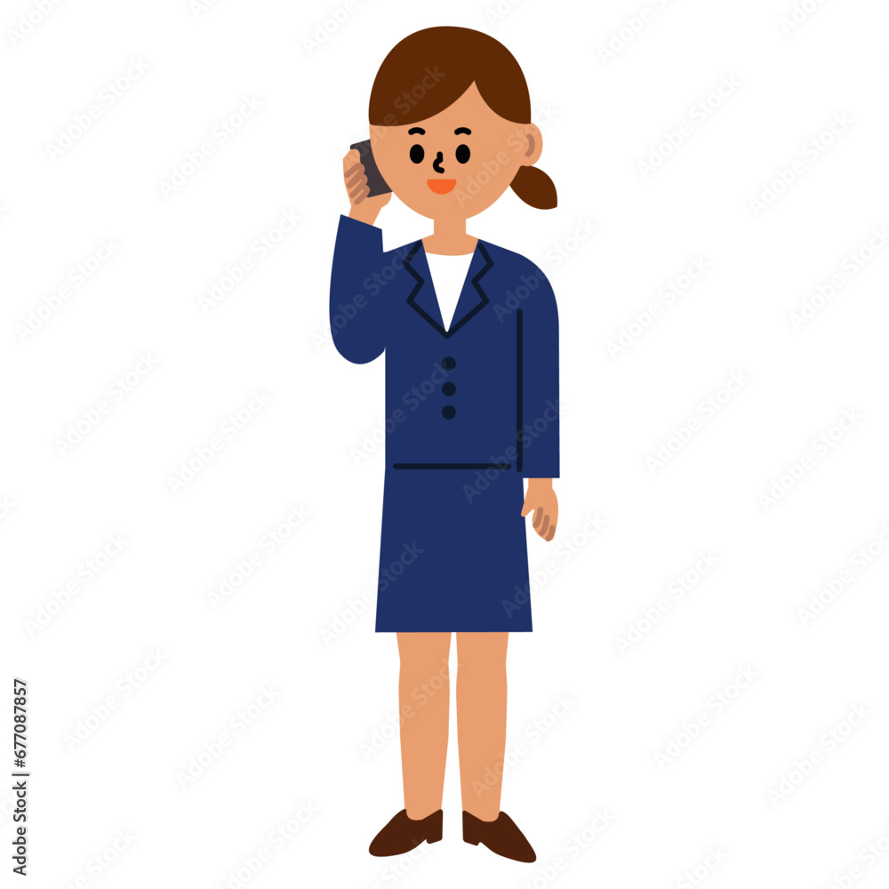 ビジネスパーソン　スマートフォンで通話　仕事　女性　スーツ　全身　イラスト	