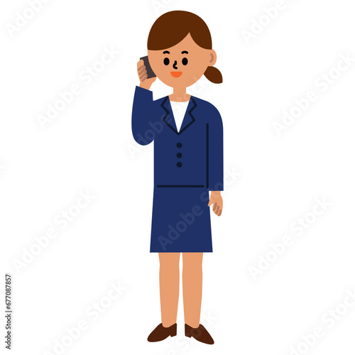 ビジネスパーソン　スマートフォンで通話　仕事　女性　スーツ　全身　イラスト	