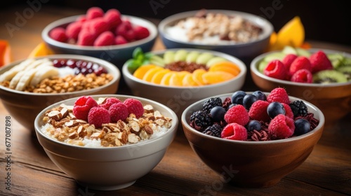 National Oatmeal Month: A breakfast spread featuring oatmeal bowls topped with a selection of nuts, fruits, and honey.