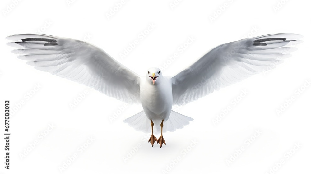 Obraz premium Flying Seagull isolated on empty white background, created with Generative Ai technology.